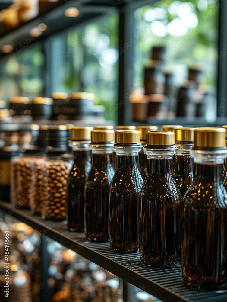 Bottles and jars neatly arranged on shelves in a store. Bottles and jars neatly arranged on shelves in a store.