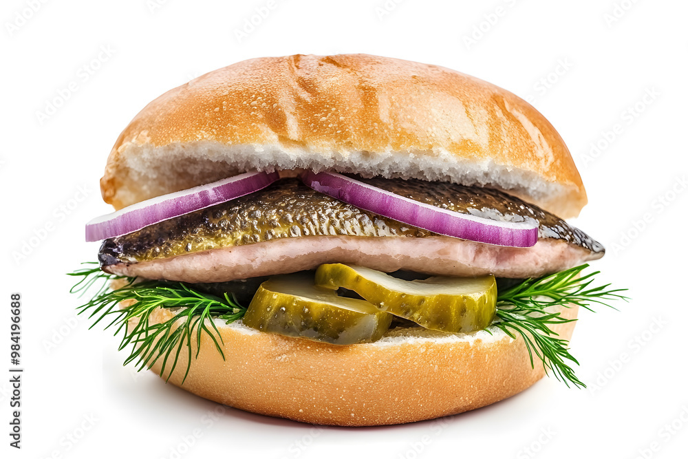 Traditional dutch snack, seafood sandwich with herring, onions and pickled cucumber isolate don white Traditional dutch snack, seafood sandwich with herring, onions and pickled cucumber isolate don white
