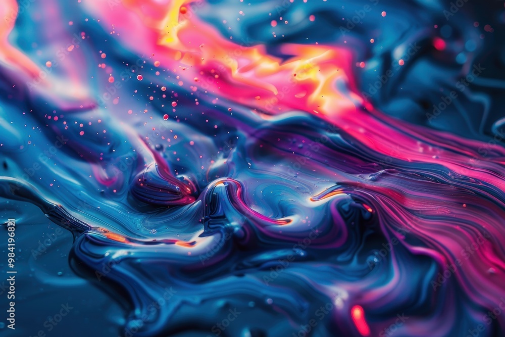 A painting of a blue and pink swirl with orange and red splatters A painting of a blue and pink swirl with orange and red splatters