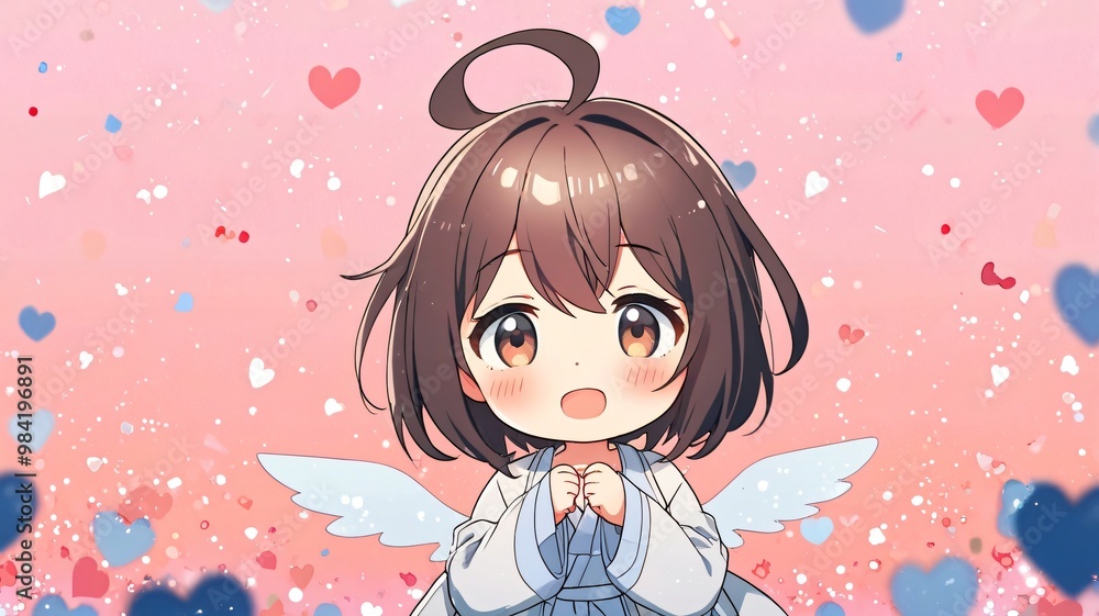 Cute wallpaper, A cute chibi character in a bright, pastel background. Add sparkles and hearts for a magical touch