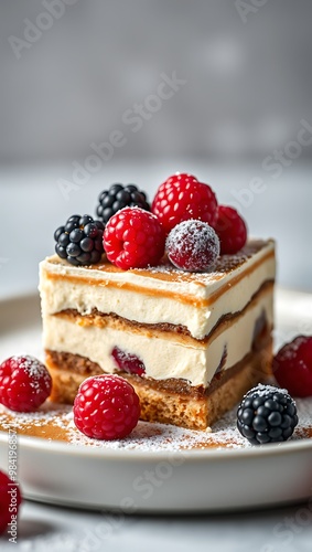 A piece of Traditional Italian dessert Tiramisu with berries