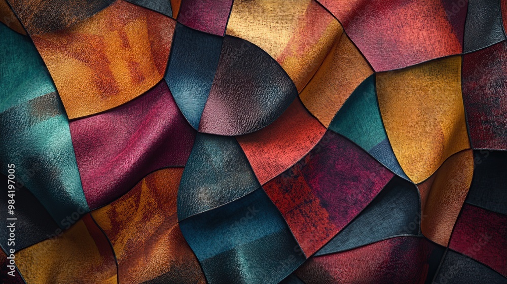 Fototapeta premium Abstract design featuring colorful, wavy patterns resembling fabric or tiles.