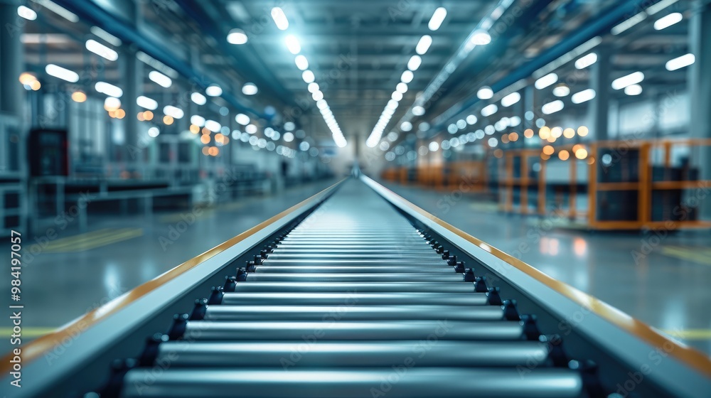 Fototapeta premium Inside of a factory with a long conveyor belt. Generative AI.