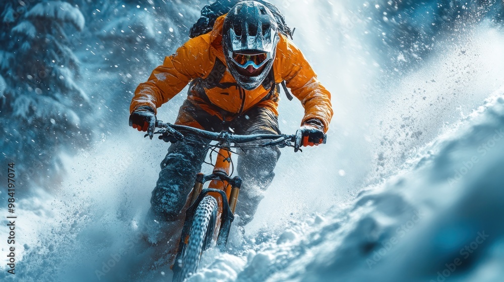 Cyclist navigating snowy terrain in vibrant gear. Cyclist navigating snowy terrain in vibrant gear.