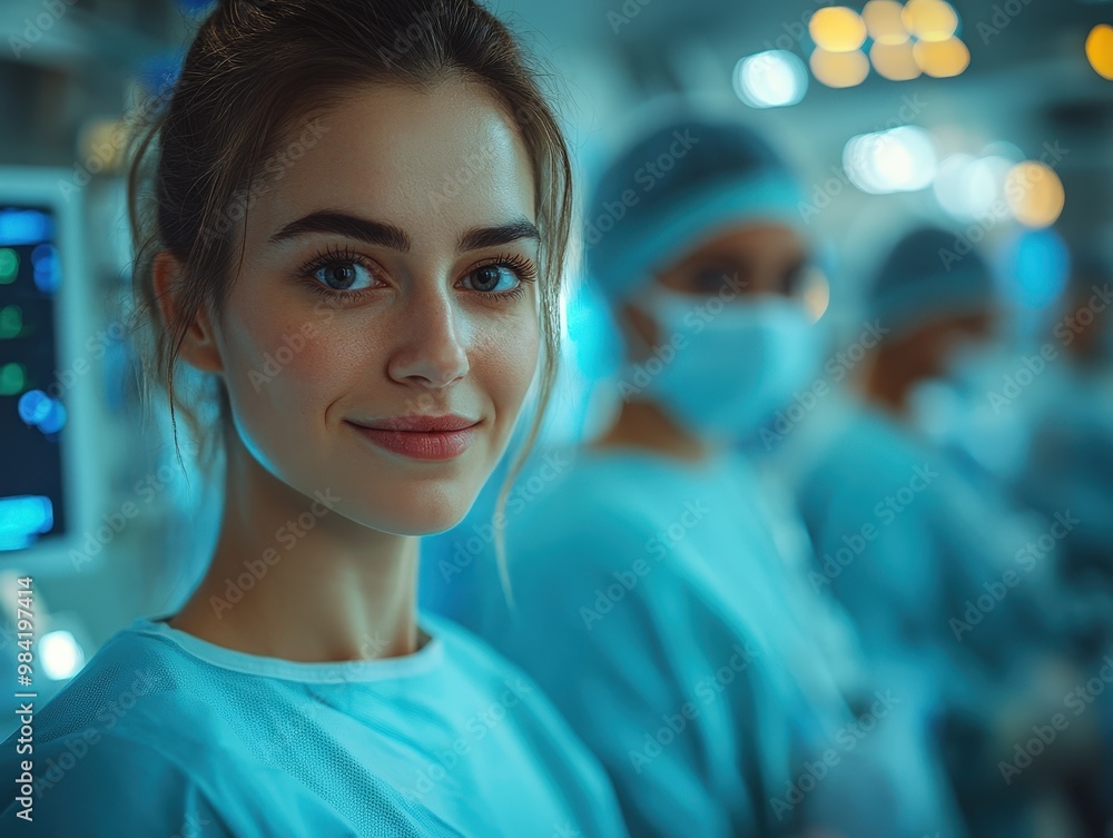 Confident woman in medical scrubs smiles in a surgical environment, showcasing professionalism and dedication to healthcare. Confident woman in medical scrubs smiles in a surgical environment, showcasing professionalism and dedication to healthcare.