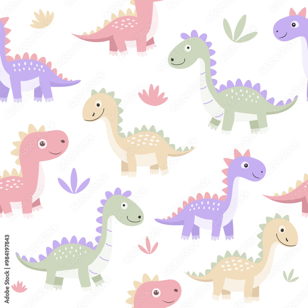 Fototapeta premium Seamless pattern with cute dinosaurs on a white background. For children's backgrounds