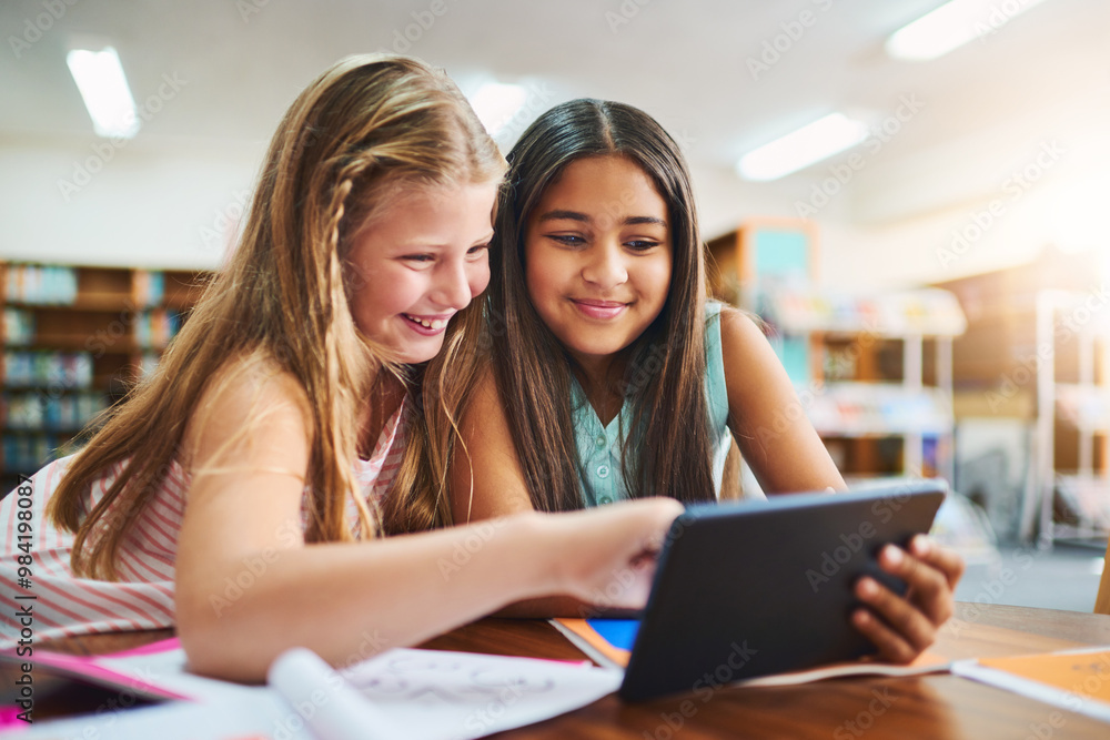 Teamwork, children and digital with tablet for education, elearning and math game for numbers solving skill. School, girls and students in elementary for knowledge, multiplication and studying app Teamwork, children and digital with tablet for education, elearning and math game for numbers solving skill. School, girls and students in elementary for knowledge, multiplication and studying app