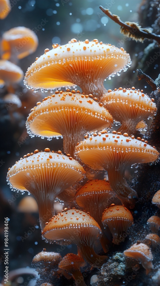Golden Mushrooms with Dewdrops: A Close-Up Look at Nature's Beauty Golden Mushrooms with Dewdrops: A Close-Up Look at Nature's Beauty