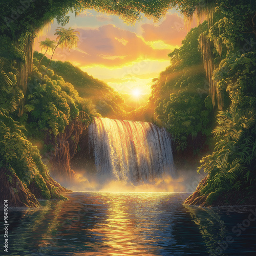 Serene Sunset by the Waterfall and Enchanted Cave.  photo