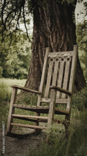 Rustic Wooden Rocking Chair Under a Tree