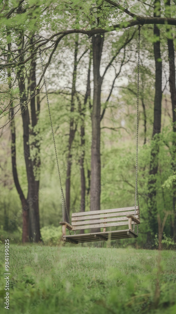 Rustic Swing Surrounded by Lush Green Trees Rustic Swing Surrounded by Lush Green Trees