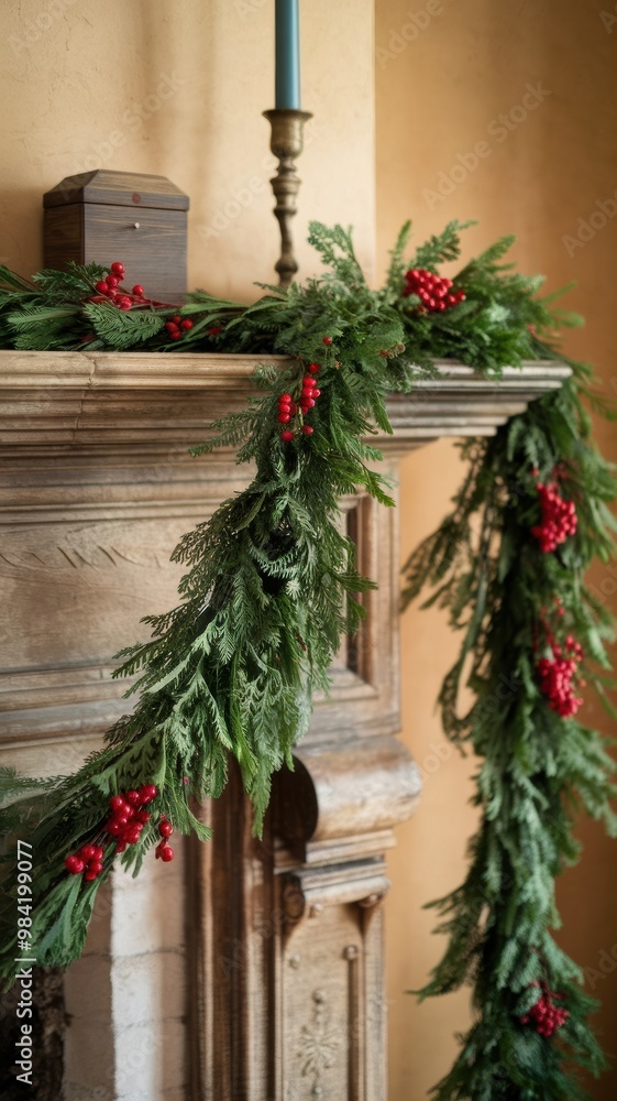 Festive Garland on Mantel with Holiday Accents Festive Garland on Mantel with Holiday Accents