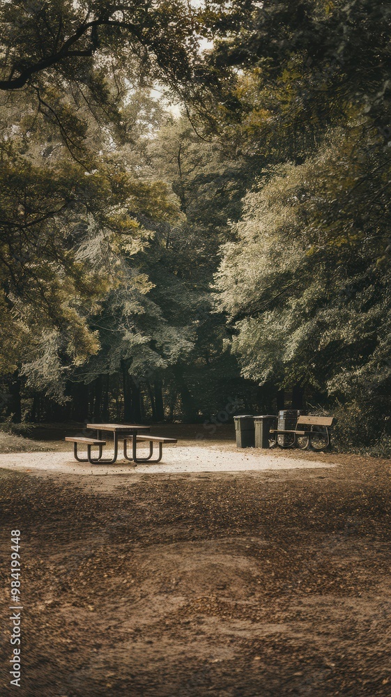 Serene Forest Picnic Area with Tables and Trash Bins Serene Forest Picnic Area with Tables and Trash Bins