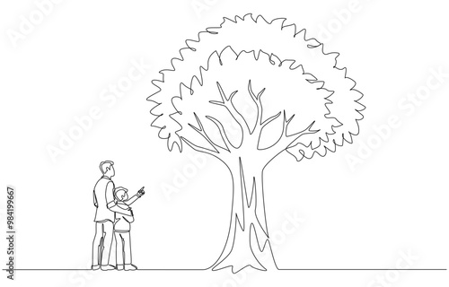 Continuous one line drawing of father and son looking at big tree, inculcating value ​​in preserving nature concept, single line art.