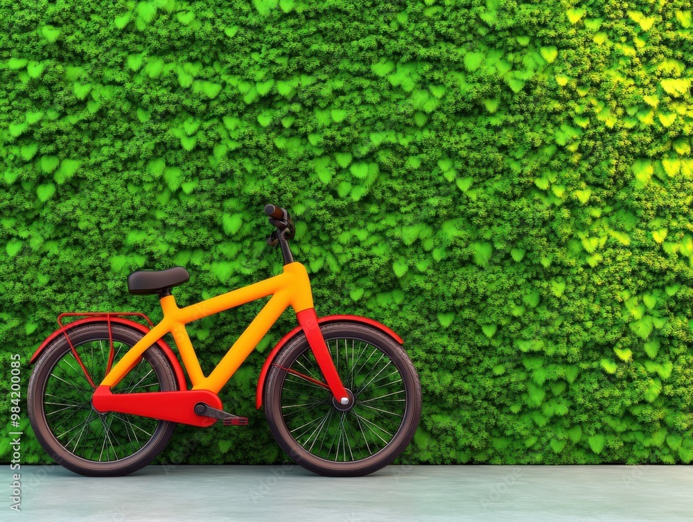 Fototapeta premium Sustainable Urban Mobility: Bicycles and Electric Cars by Lush Vertical Garden Wall in Eco-Friendly Cityscape