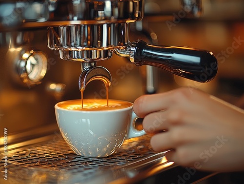 Freshly brewed coffee pours into a white cup, capturing the essence of a rich espresso shot in a cozy cafe setting.