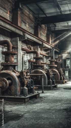 Abandoned Industrial Machines in Dark Warehouse