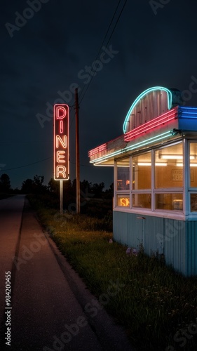 Neon Diner at Night with Roadside View