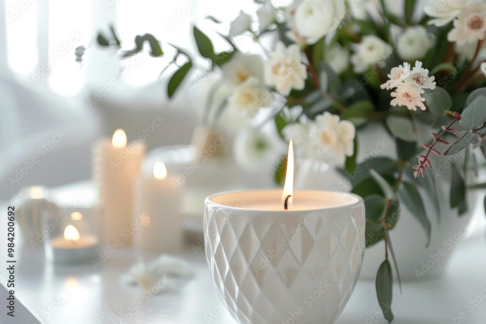 Luxury Candle. Artistic Ceramic Candle in Beautiful Room Interior with Bouquet Luxury Candle. Artistic Ceramic Candle in Beautiful Room Interior with Bouquet