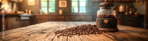 Vintage coffee grinder and beans on a rustic wooden table, creating a warm and inviting kitchen atmosphere. photo