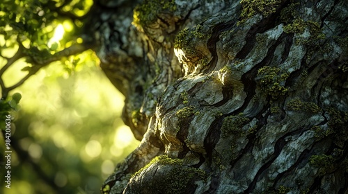 Close-up of textured tree bark with soft lighting and green background.