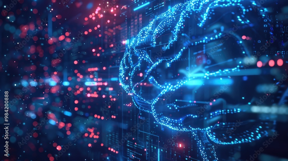 Machine Learning Background. Digital Brain Neural Network in Blue Tech with Connection and AI Concept Machine Learning Background. Digital Brain Neural Network in Blue Tech with Connection and AI Concept