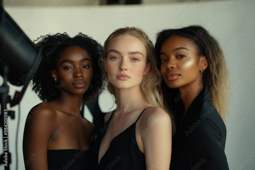 Obraz premium Three Women in Black Attire Pose for Photo Shoot