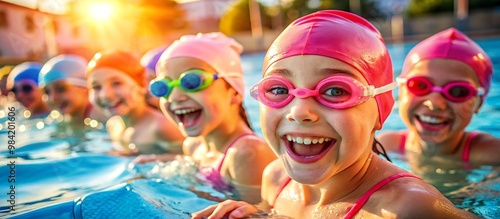 Children at a swimming pool wearing colorful swimming caps and goggles smiling and having fun under the bright sun Children enjoying their time in the water