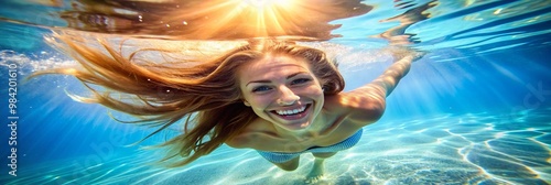 A young European woman with blonde hair swimming underwater with a joyful smile in a clear blue ocean sunlight streaming through creating an enchanting and vibrant atmosphere.