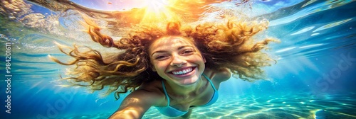 Young woman with curly blonde hair smiling underwater while enjoying a swim in the crystal clear blue waters of the ocean on a sunny day