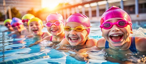 group of children laughing and swimming in an outdoor pool joyful expressions on their faces bright sunlight shines on the scene they wear colorful swim caps and goggles having fun