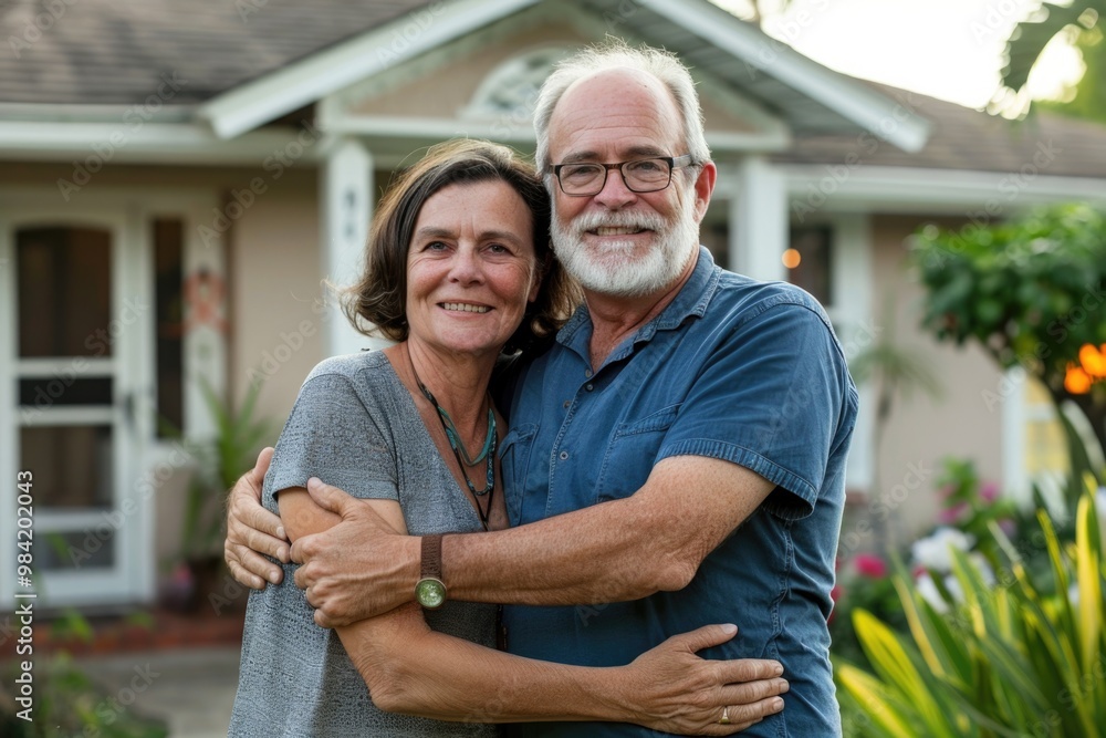 Middle Aged Man And Woman Embracing Outside Home. Portrait of Couple in Front of House Middle Aged Man And Woman Embracing Outside Home. Portrait of Couple in Front of House