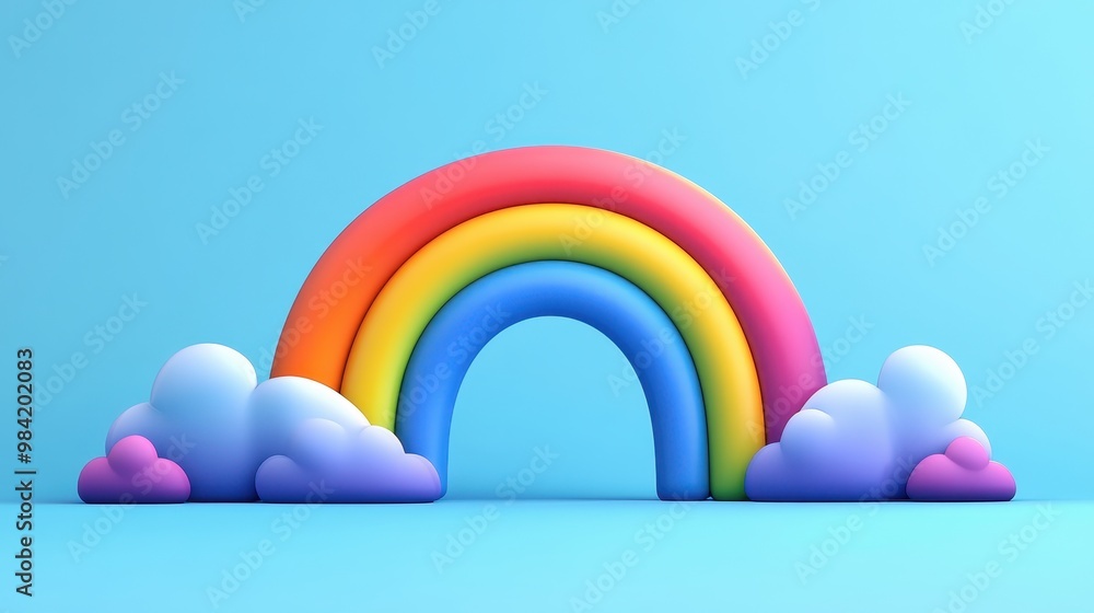 Fotografie Colorful Rainbow with Clouds on Blue Background