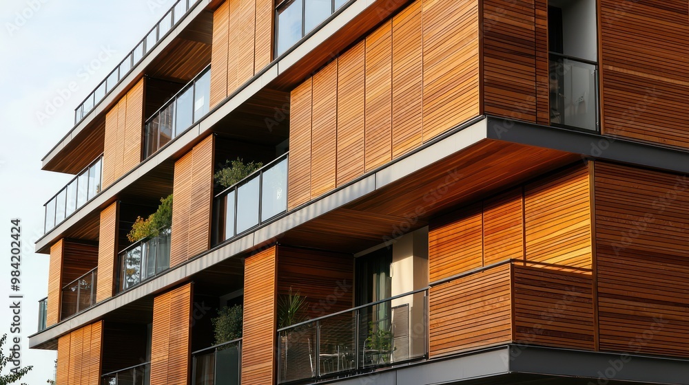 A wooden facade on an urban apartment building, with balconies that feature sliding wooden panels for privacy and climate control A wooden facade on an urban apartment building, with balconies that feature sliding wooden panels for privacy and climate control