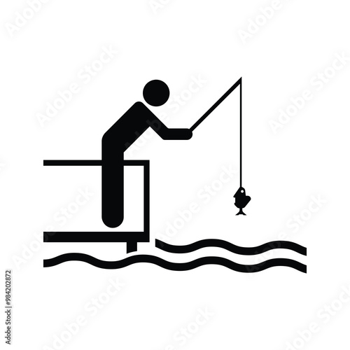 Fisherman Catching Fish on Pier Graphic Icon