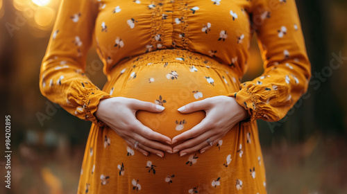 a pregnant woman’s hands forming a heart shape over her belly, with the background softly blurred. The image captures the deep connection and love between the mother and her unborn child. photo