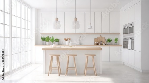 A bright and airy kitchen featuring white cabinets and light wood accents