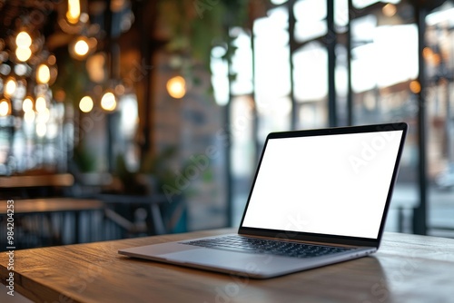 Laptop with Blank Screen on Wooden Table in Cafe