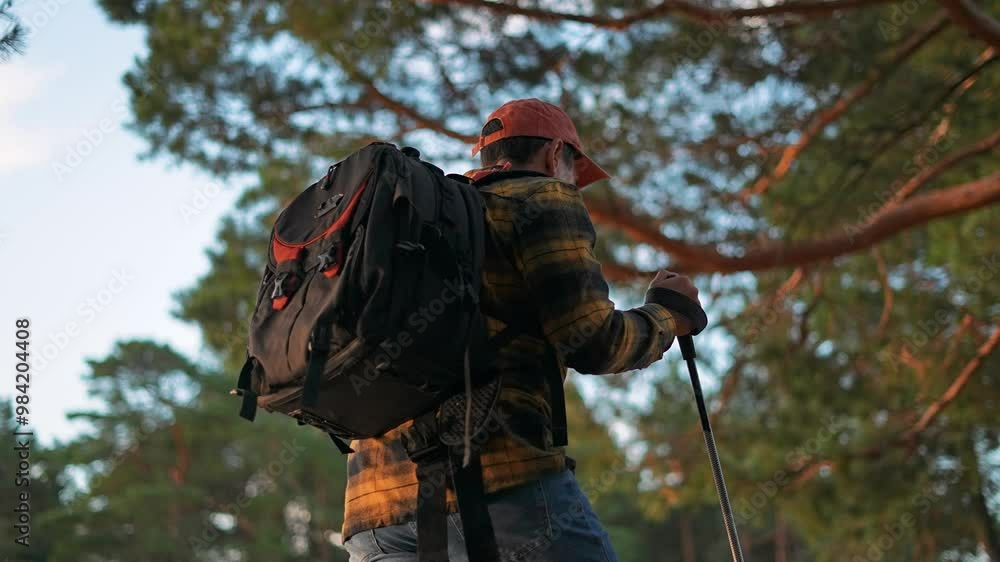 Hiker with backpack and stick in forest. Man hiking with stick at sunset. Outdoor adventure with backpack and nature exploration. Hiking stick for trekking in scenic forest. Backpack hike at sunset Hiker with backpack and stick in forest. Man hiking with stick at sunset. Outdoor adventure with backpack and nature exploration. Hiking stick for trekking in scenic forest. Backpack hike at sunset