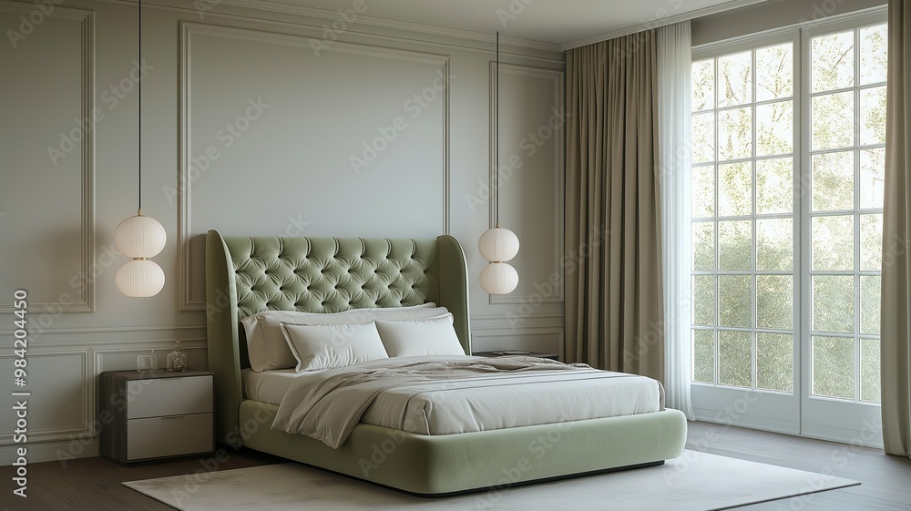 The interior of the bedroom with a large window, a light green bed with pillows and a blanket, Scandinavian style. The interior of the bedroom with a large window, a light green bed with pillows and a blanket, Scandinavian style.