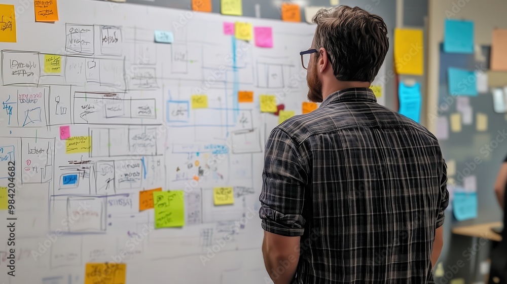 Corporate Storyteller Crafting Company Narrative on Giant Whiteboard with Storyboard Sketches and Post-it Notes Corporate Storyteller Crafting Company Narrative on Giant Whiteboard with Storyboard Sketches and Post-it Notes