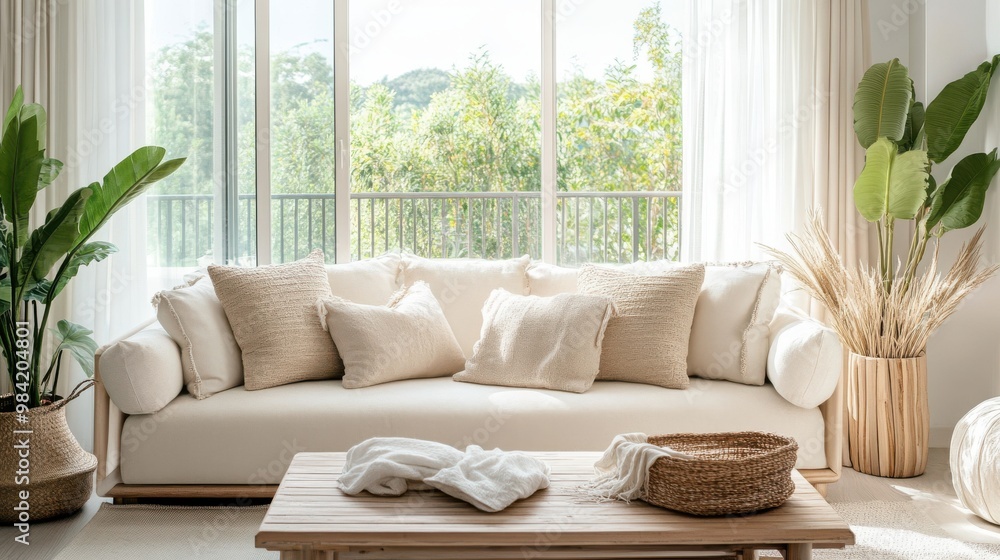 Fototapeta premium A bright and airy living room with a soft cream sofa and textured pillows, leading to a sunny