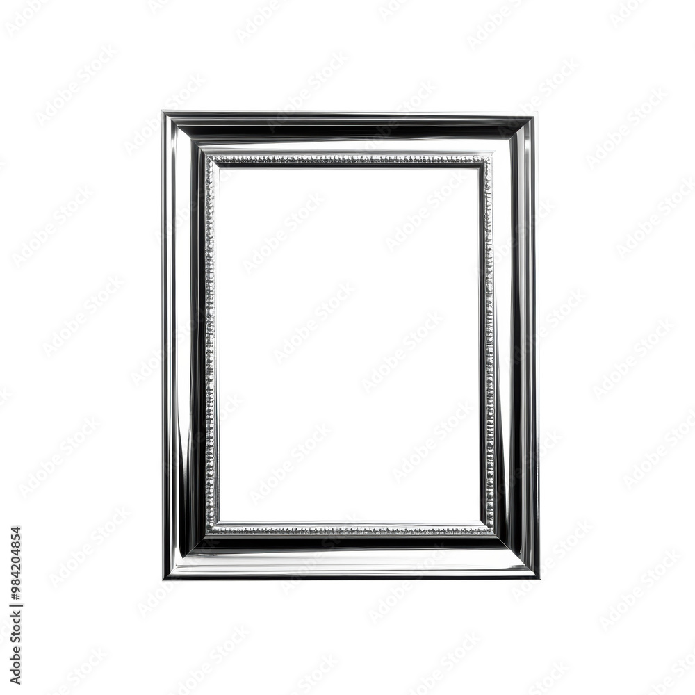 A sleek silver metallic picture frame, minimalist design with smooth lines, reflective finish, empty center for design, isolated on white background A sleek silver metallic picture frame, minimalist design with smooth lines, reflective finish, empty center for design, isolated on white background