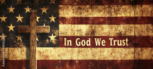 In God We Trust: Rustic American Flag and Cross 