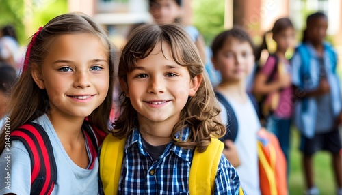 Joyful schoolchildren sharing smiles with their backpacks amid peers and the school building in the background