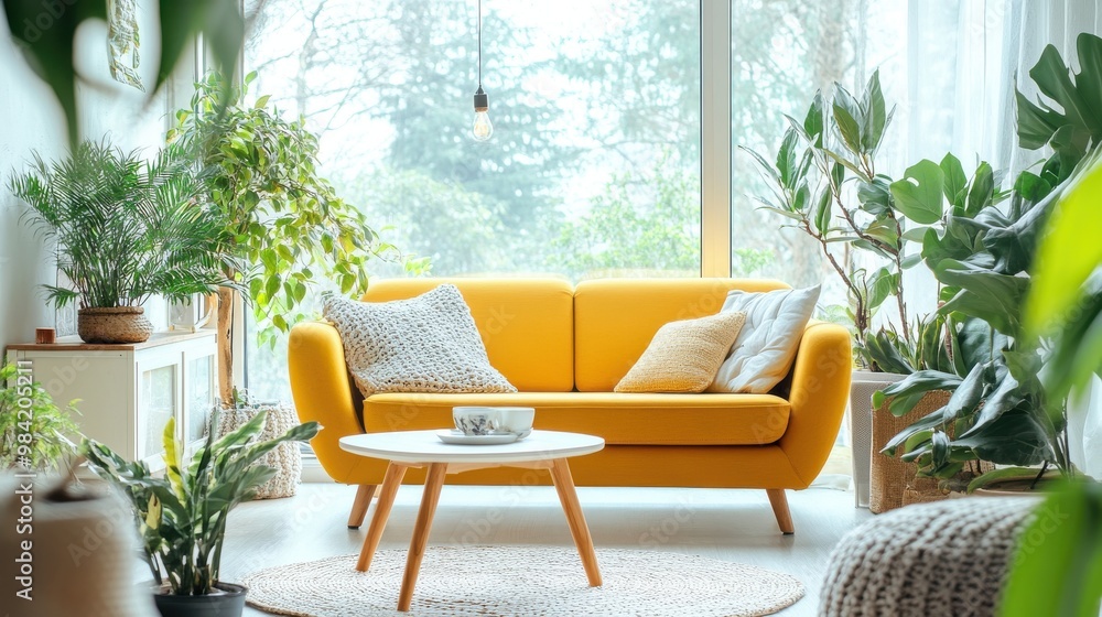 A bright and cheerful living room, featuring a bold yellow couch and a neutral white sofa A bright and cheerful living room, featuring a bold yellow couch and a neutral white sofa