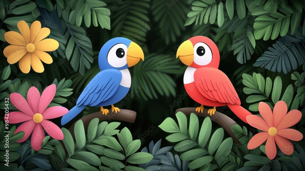 Obraz premium Colorful Birds in Tropical Foliage Illustration