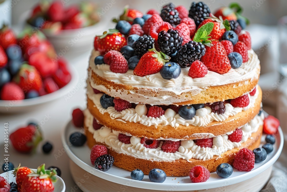 A stunning Berry Cake. The cake have multiple layers of light vanilla sponge, filled with fluffy Chantilly cream and fresh, vibrant berries such as strawberries, blueberries, and raspberries. A stunning Berry Cake. The cake have multiple layers of light vanilla sponge, filled with fluffy Chantilly cream and fresh, vibrant berries such as strawberries, blueberries, and raspberries.