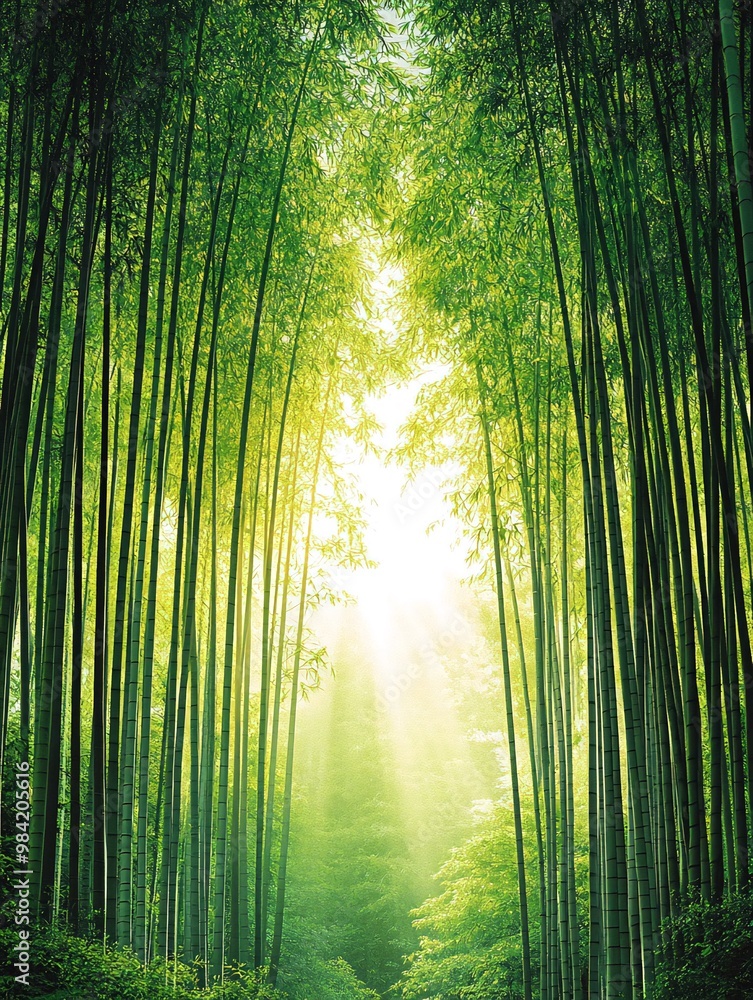 Fototapeta premium A path through a dense bamboo forest, sunlight streaming through the tall stalks.