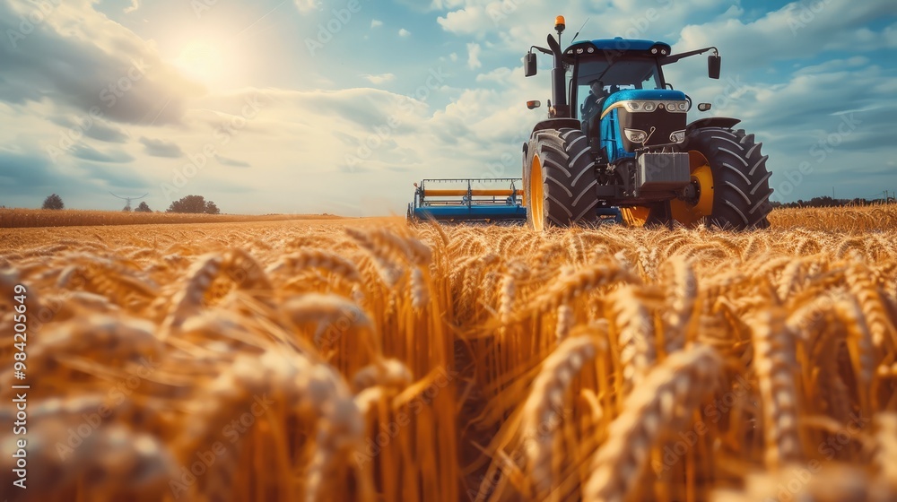 Fototapeta premium A blue tractor riding on the wheat field. Generative AI.